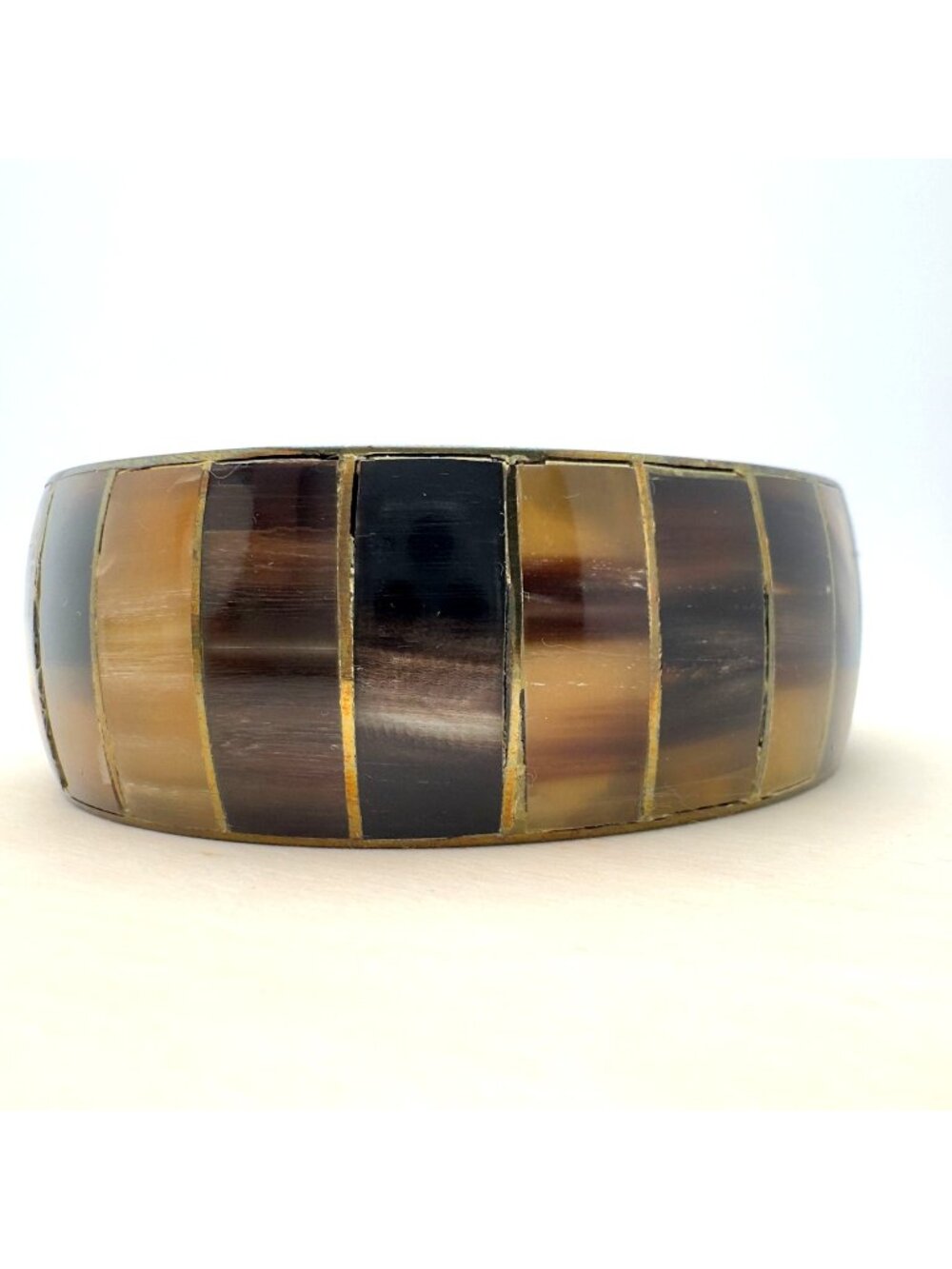 Boho-Style Buffalo Horn Mosaic Tile Inlay Bangle Bracelet Handcrafted Vintage